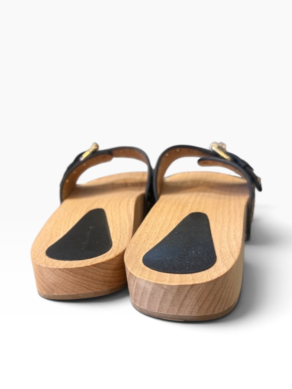 Isabel Marant Black Leather Grommet Buckle Wood-Effect Slide Mules - Picture 4 of 6